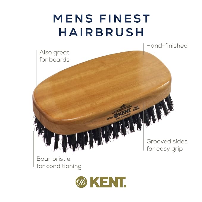 Kent MS23 Finest Men's Rectangular 100% Natural Satinwood & Beechwood Military Hair Brush with Medium Black Bristle for Mens Grooming, Scalp Brush, 360 Wave, and Beard Straightener