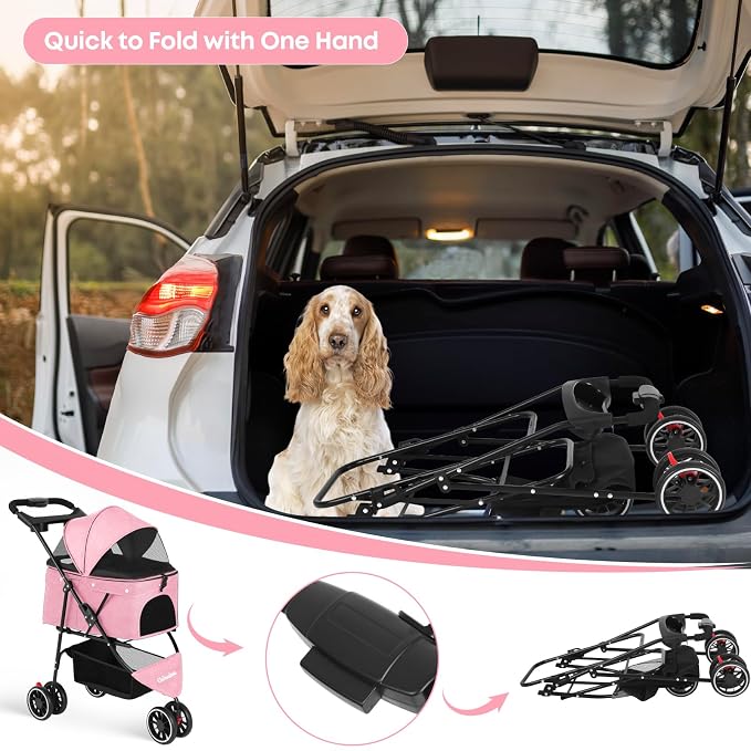 Pet Stroller,Dog Stroller for Small Medium Dogs Cats,3 Wheels,Pink | Foldable,with Breathable Mesh Canopy,Cup Holders,Easy Assembly