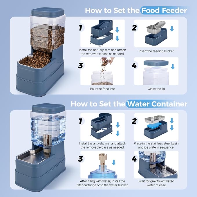 Automatic Cat Feeder and Water Dispenser with Stainless Steel Bowl with Ice Pack Gravity Food Feeder and Waterer Set Feeding Raised Bowls with Filter for Dog 1.3 Gallon x 2(Blue)