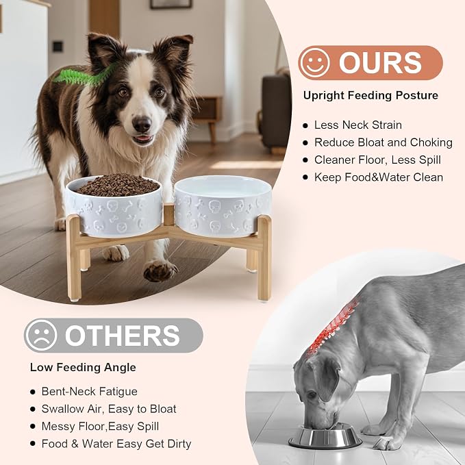 SPUNKYJUNKY Elevated Dog Bowls Ceramic, 7.3'' Dogs Food Water Bowls Raised with Non-Slip Bamboo Stand for Medium to Large Sized Breed Microwave Dishwasher Safe - 42 OZ,Skull White