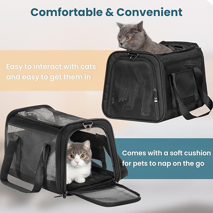 PETSFIT Soft-Sided Cat Carrier, Airline Approved | For Travel, 3 Carrying Ways, Lightweight and Ventilation on 5 Sides, Escape Proof, With Soft Fleece Pad