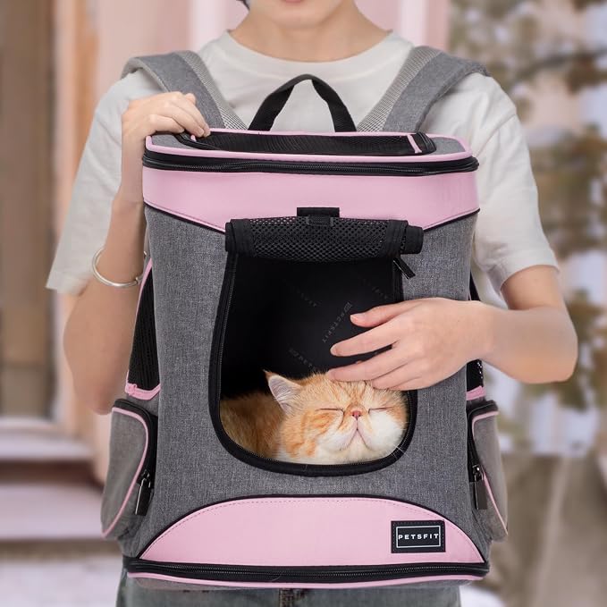 Petsfit Dog and Cat Backpack Carrier, Padded Waist Support, Up to 18 lb | 13.5 x 12.5 x 17.5 in; reinforced frame, 600D Oxford, 4 mesh panels, lockable zippers, safety tether and washable mat.