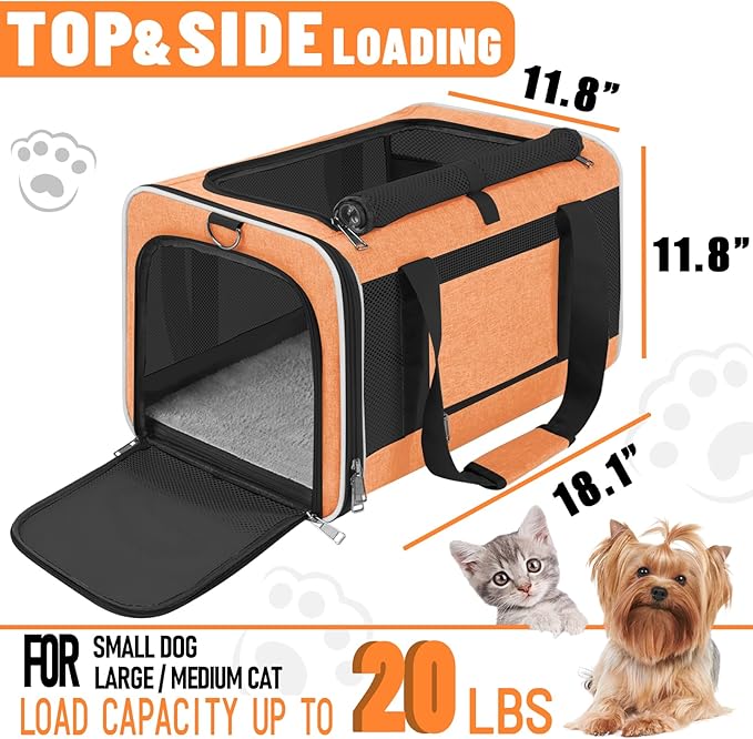 GAPZER Large Cat Carrier Soft, Collapsible Travel Pet Carry Bag, Small Dogs | Large Kitty Cat 20 lbs Maine Coon, Top Load Transport Small Puppy Dog Kennel, Yorkie Little Dog 10lbs, Sturdy Fabric Orange