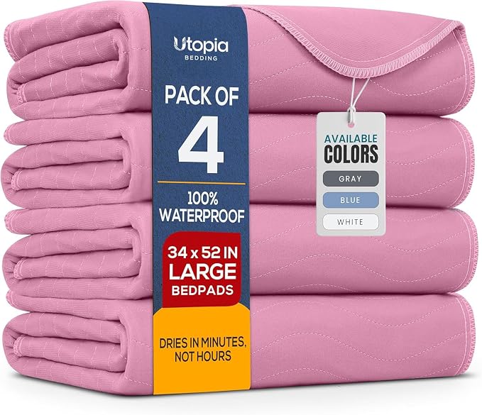 4 Pack Waterproof Reusable Heavy Absorbency Incontinence Bed Pads 34"x52" | Utopia Bedding Washable Underpads, Chuck Pads for Adults, Kids, Elderly and Pets, Bedwetting Pads for Sofa and Couch, Pink