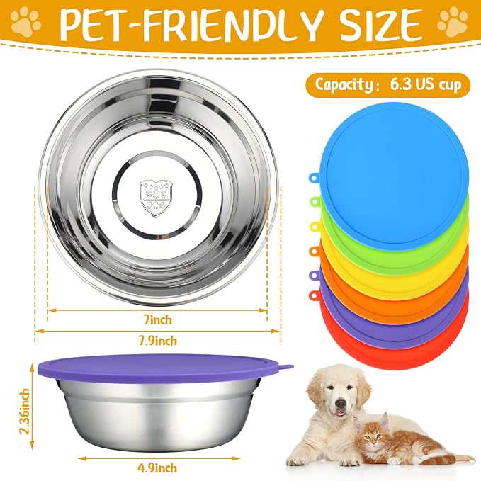 Patelai 12 Pcs Stainless Steel Dog Bowls 7.9" with Silicone Lids Portable Food and Water Dishes for Pets Sealable Containers for Small Medium Dog Cat Indoor (Red,Blue,Green,Purple,Yellow,Orange)