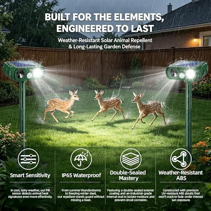 4 Pack Upgraded Sonic Fortress Pro Deer Repellent Cat Deterrent Solar Animal Repellent Ultrasonic Outdoor with Motion Sensor Strobe Light for Skunk Rabbit Raccoon Squirrel Fortress Pro for Yard Garden