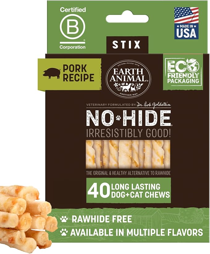 Earth Animal No Hide Stix - Rawhide Free Dog Chews Sticks 40 Count Pork | Small Sticks Pork Flavored Natural Rawhide Free Long Lasting Dog Chews - Pet Treats for Small Dogs and Cats