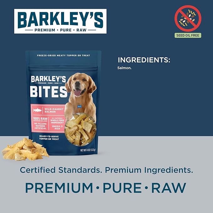 Barkley’s Bag Salmon Bites, Freeze Dried Dog Treats and Food Topper, Made with Wild-Caught Salmon, Bite-Sized Whole Pieces for Training Rewards, for All Dog Breeds, Ages & Sizes, 4 Oz Bag (6 Pack)