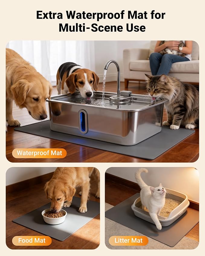 12L/3.17Gal Dog Water Fountain with Silicone Mat & 3 Filters, Stainless Steel Multi Pet Water Dispenser, Quiet Automatic Dog Water Bowl Dispenser with Visible Window & Alert Light for Large Dogs Cats