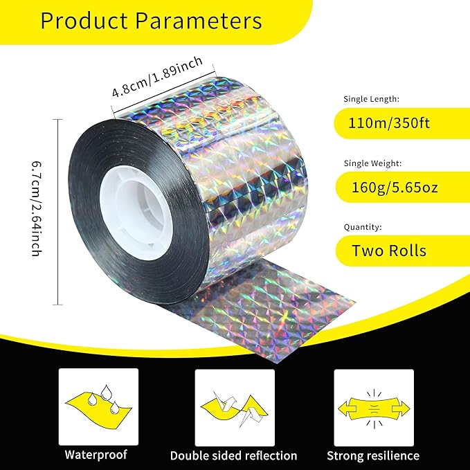 Bird Scare Tapes 350FT*2 Reflective Flash Tape for Birds, Bird Scare Device Double Side Ribbon Scare Birds Away for House, Garden, Yard, Orchard, Patio, Outdoor