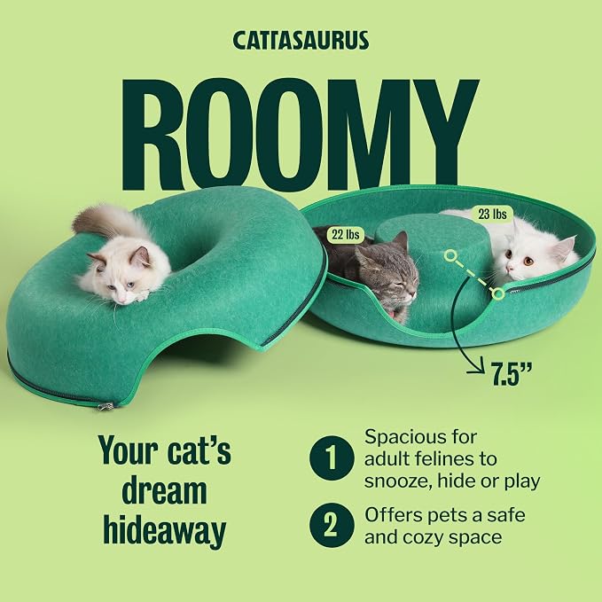 Peekaboo Cat Cave Donut for Multiple & Large Cats up to 30-45 lbs, 3-in-1 Self Warming Cat Bed, Tunnel & Scratcher for Indoor Cats, Washable & Detachable Dog Bed (Forest Green, Large)