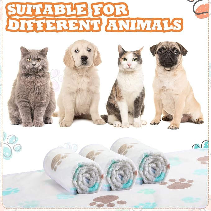Tatuo 4 Pack Fleece Dog Blankets for Puppy Cats Multi-Size Sleep Mat for Pet Guinea Pig Soft Washable Warm Crate Bed Puppy Teething Toys Print Pattern Blanket Indoor(Milky White,24 x 16 Inch,Paw)