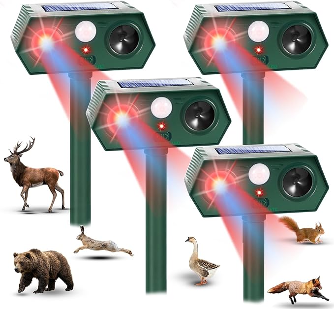 4Pack Solar Ultrasonic Animal Repellent Outdoor,Upgraded Deer Repellent Devices Motion Detection with Motion Sensor for Yard,Cat Repellent with Red&Blue LED Flash Lights to Scare Rabbit Raccoon Bear