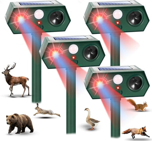 2026 Upgraded Solar Ultrasonic Animal Repellent Outdoor,4Pack Waterproof Deer Repellent Devices with Motion Sensor for Yard,Cat Repellent with Red&Blue LED Flash Lights to Scare Rabbit (Plastic, 4)