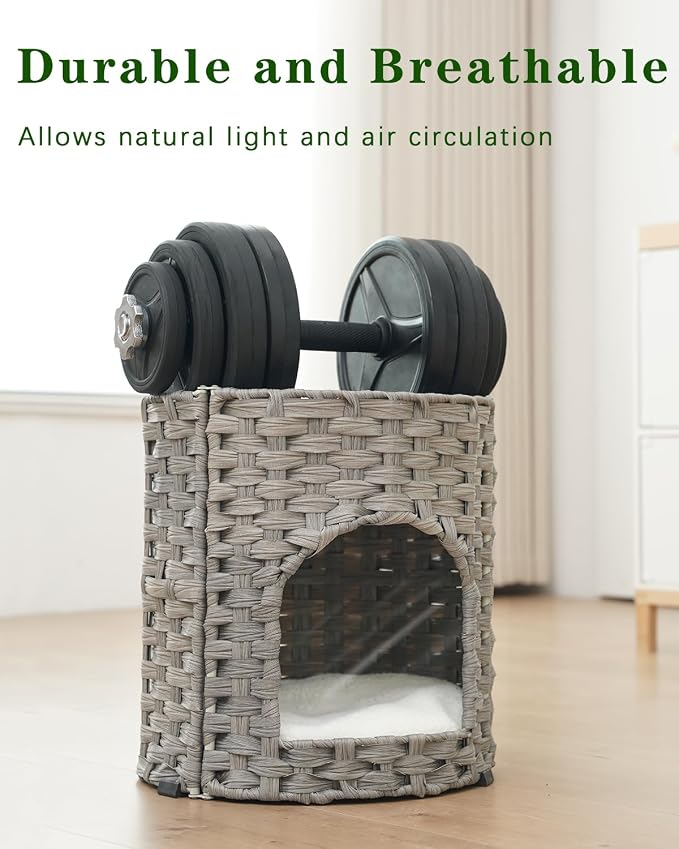SETVSON Cat House for Indoor Cat, Small Handwoven PE Rattan Cave, Gray | Foldable Pet Kitten Bed Covered, Comfortable Double-Sided Cushion, 13x13x13.7 Inches, Quick 5-Minute Assembly