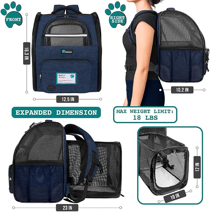 PetAmi Expandable Dog Backpack Carrier for Cats & Pets, Breathable Cat Carrier Backpack with Top Window & Multi-Entry, Ventilated Foldable Travel Carrier for Small Medium Pets up to 18 lbs, Navy