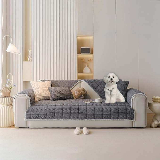 HANDONTIME Fuzzy Dog Couch Cover Washable, Pet-Friendly Sofa Covers Non-Slip Geometric Jacquard Pet Protector Furniture Cover for 3 Cushion Sofa Cozy Fuzzy Dog Mat for Couch (Grey, 35.4" x 82.7")