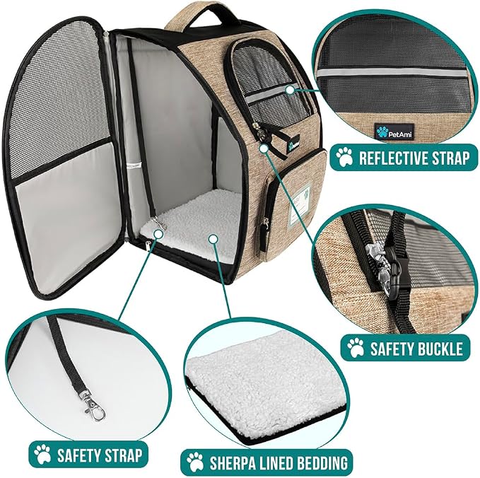 PetAmi Dog Backpack Carrier for Small Medium Dogs Large Cats up to 18 lbs, 2 Side Entry, Structured No-Collapse Frame, Airline Approved Ventilated Pet Backpack for Hiking Camping Travel Vet, Taupe