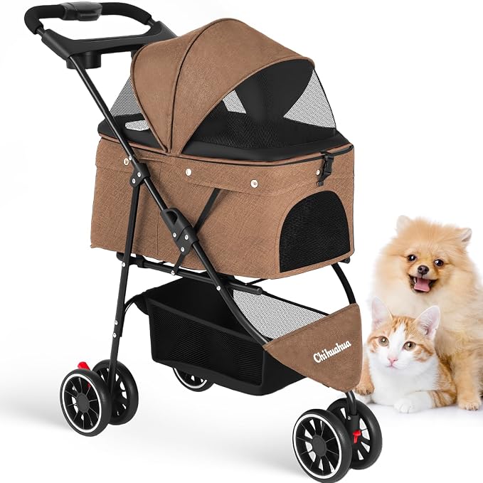 Pet Stroller,Dog Stroller for Small Medium Dogs Cats,3 Wheels,Deep Brown | Foldable,with Breathable Mesh Canopy,Cup Holders,Easy Assembly