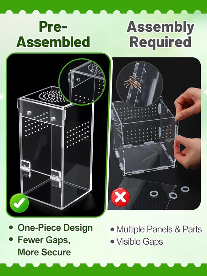 Escape Proof Jumping Spider Enclosure Kit - 3x3x6in Pre-Assembled Acrylic Terrarium with Magnetic Door/Micro Vent Holes/Accessories, Insects Habitat for Spiderlings, Mantis, Tarantulas, Snails