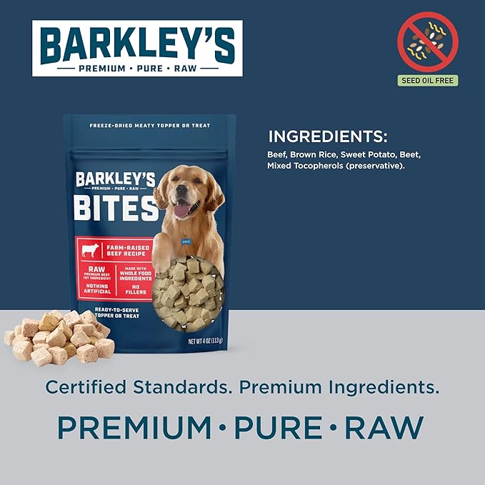 Barkley’s Bag Beef Bites, Freeze Dried Dog Treats & Food Topper, Made w/Beef, Barley, and Quinoa, Small Bite-Sized Pieces for Training Rewards, for All Dog Breeds, Ages & Sizes, 4 Oz Bag (1 Pack)