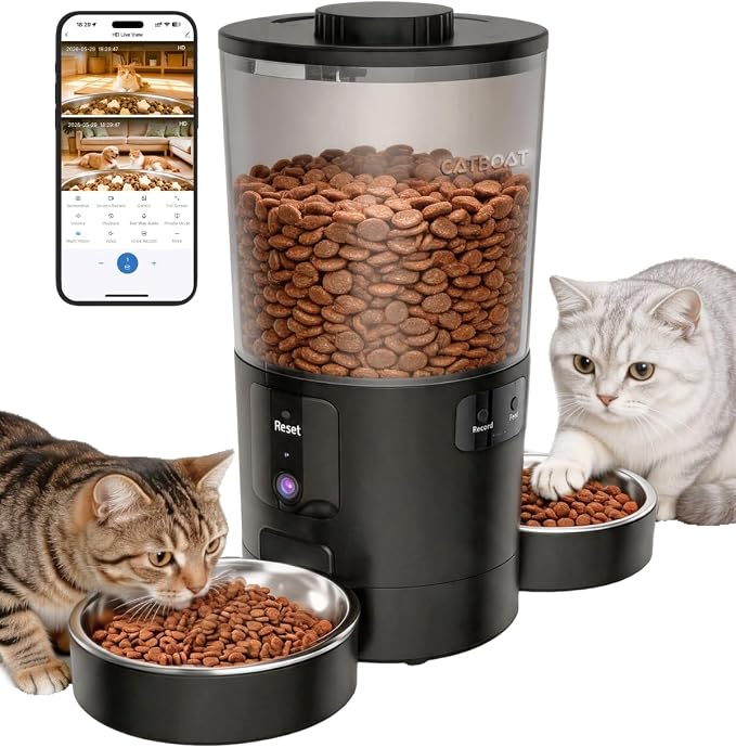 Dual-Camera Automatic Pet Feeder with 2 Bowls, 6L Smart Feeder for 2 Cats | 2K HD Video, App Control, Slow Feed Mode, Up to 20 Meals, 2-Way Audio, Night Vision, iOS/Android, Dry Food Only, Black