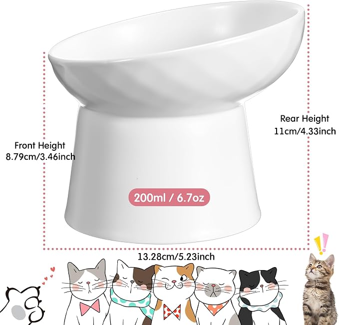 4 Pcs Ceramic Raised Cat Bowls, Elevated Tilted Cat Bowl for Food Water, Stress Free, Backflow Prevention, Dishwasher Microwave Safe, Feeder Dish for Indoor Kitten, Small Dogs(White and Pink)