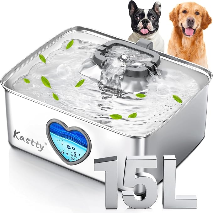 Kastty 4Gal/15L Stainless Steel Dog Water Fountain for Pets, Inside, FS80 | 5-Stage Filtration, Dual-Color LED, Visual Window, Large Medium & Multi-Pet