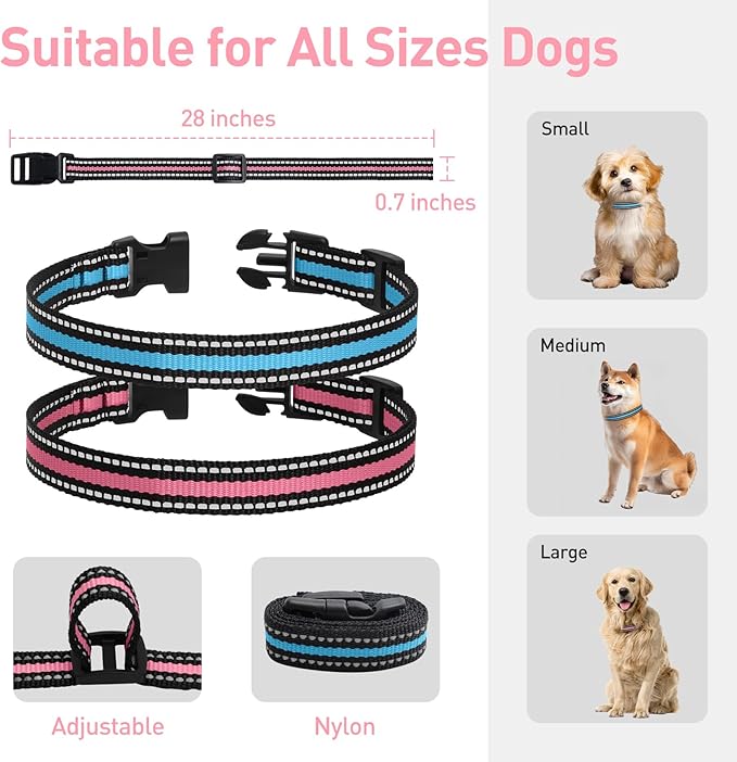 Replacement Collar Strap Fits Dog Training Collar Receiver, Shock Collar & Bark Collar Receiver, Durable Reflective Dog Collar, 2 Pack, Pink & Blue