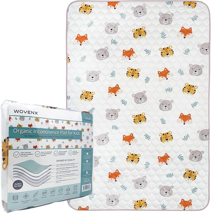 Organic Incontinence Pads for Kids & Toddlers - 5 Layer Waterproof Protectors for Overnight Bed Wetting - Reusable & Washable Pee Pads - Fits Twin to Full Size Beds - 34" x 52" Tiger Bear Fox
