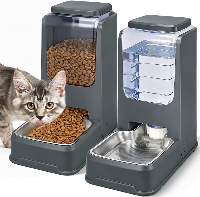 2 Pack Automatic Cat Feeder and Water Dispenser Set with Dog Stainless Steel Feed Bowl Pet Gravity Self Feeding and Waterer Large Capacity for Small Medium Large Dogs Puppy Kitten
