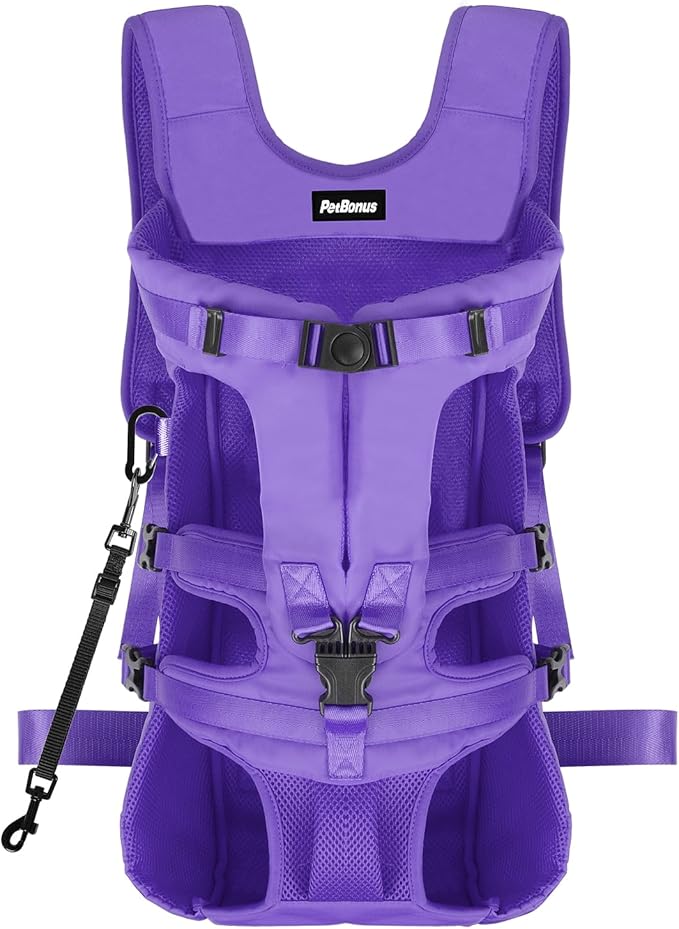 PetBonus Dog Front Carrier Backpacks, Legs Out Easy-fit Puppy Chest Carrier | Hands Free, Adjustable, Safety Strap, Walking Hiking Cycling Motorcycle bag, For Small Medium Dogs (Purple, L)