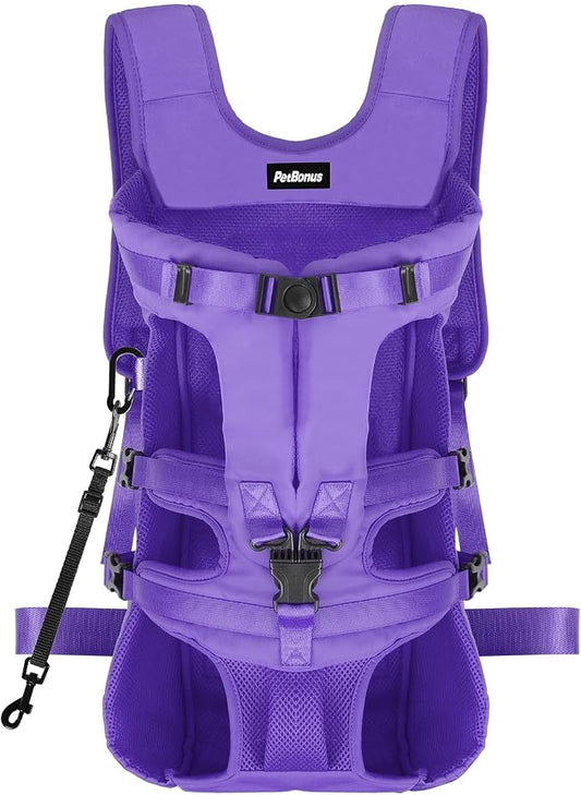 PetBonus Dog Front Carrier Backpacks, Legs Out Easy-fit Puppy Chest Carrier | Hands Free, Adjustable, Safety Strap, Walking Hiking Cycling Motorcycle bag, For Small Medium Dogs (Purple, XL)