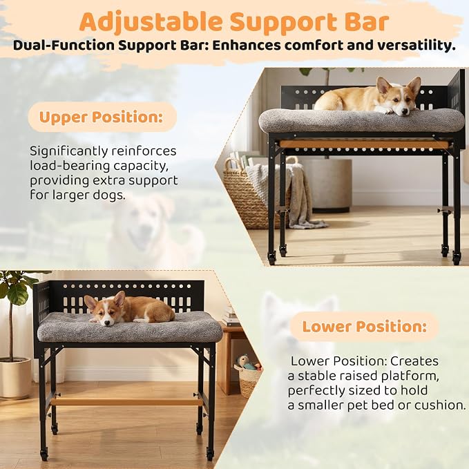 Beside Dog Bed,2 Panels Adjustable Height Dog Bunk Beds,35.4”x23.6” Metal Frame & Cushion, Converts to Bunk Bed or Bed Extension Attachment for Human Bed, for Medium Dogs