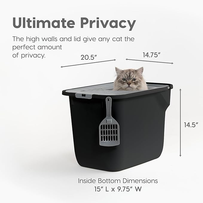 IRIS USA Cat Litter Box Large Top Entry with Lid, Enclosed Litter Box with Litter Catching Lid & Scoop, Covered Cat Litter Box Enclosure for Privacy, High Sided, Black/Gray