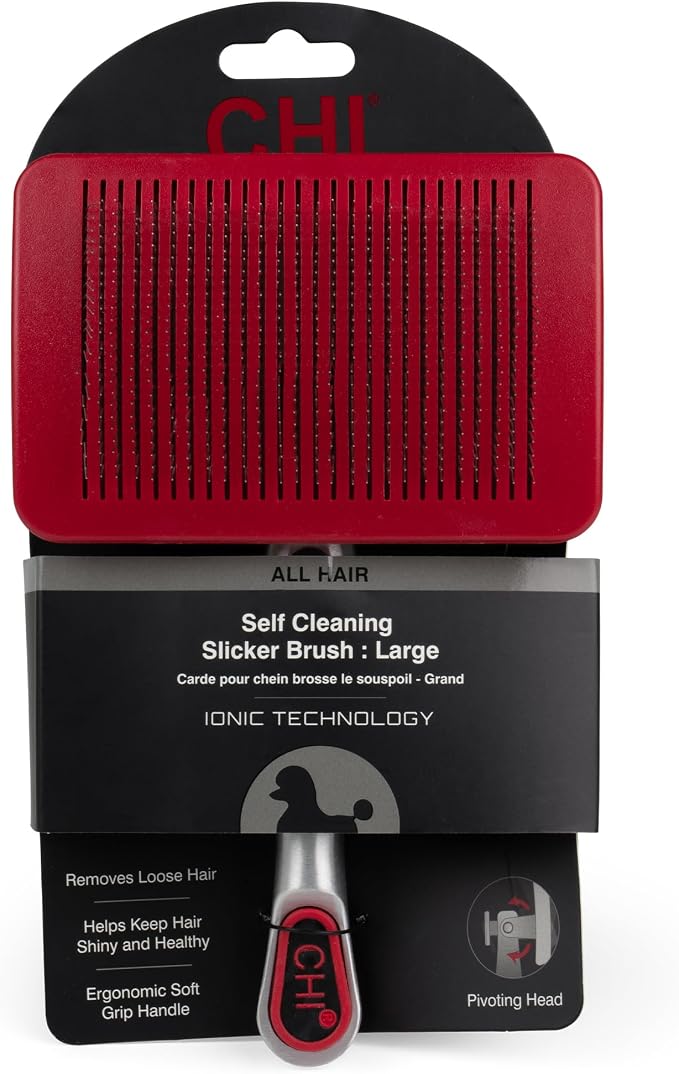 CHI for Dogs Self Cleaning Slicker Brush with Pivoting Head, Dog Grooming Brush for Detangling and Removing Loose Hair, Fine Wire Pins for Medium and Long Dog Coats, Ergonomic Handle | Pivoting head design, fine wire pins, detangles and removes loose h...