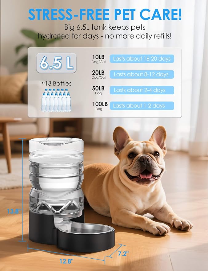 Heouvo 1.7 Gallon Automatic Dog Water Dispenser (6.5L-Black) | Wide Mouth, Easy Clean/ Removable Stainless Steel Bowl/ Gravity Refilling, Large Capacity for Cats and Small Medinum Dogs