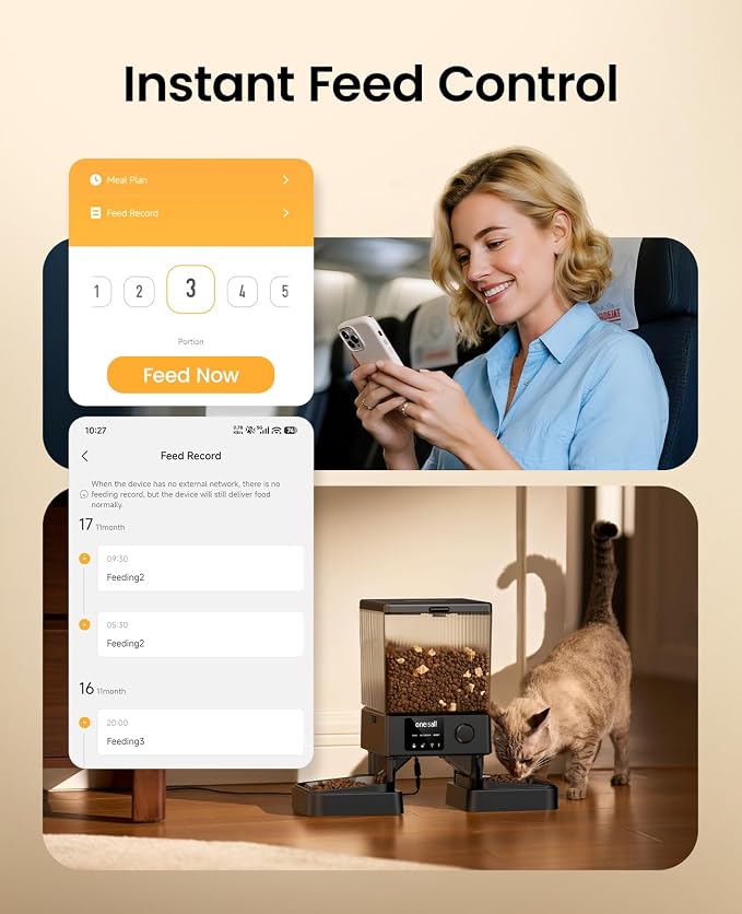 oneisall 5G WiFi Automatic Cat Feeder for 2 Cats, App Control, 20 Cups/5L | Timed Meals, Feed Now, Feeding Logs, Slow Feed, Precise Portions, 10s Voice Recorder, Family Sharing, Stainless Steel Bowls