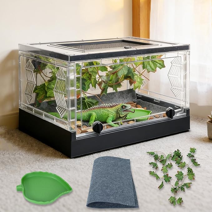 Travel Foldable Reptile Terrarium with Sliding Door Portable Spider Enclosure, Lizard Cage, Plastic Habitat for Tarantula, Tree Frog, Leopard Gecko, Snake, Ventilated Terrarium Starter Kit Black