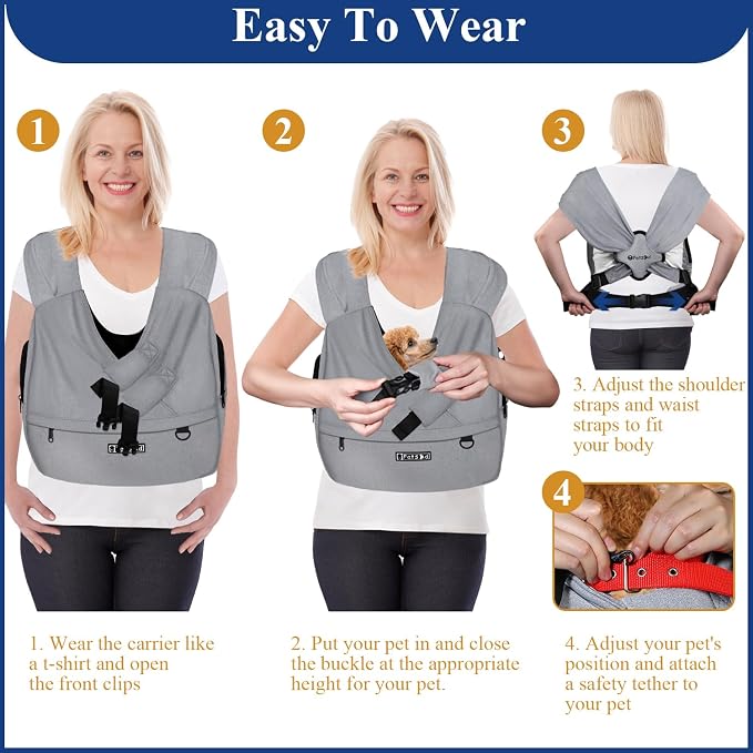 Dog Carrier Sling for Small Pet 7-15 LBS, Grey | Hands Free Front Facing, Cat Sling Chest Carrier, Bottom Mat and Adjustable Strap, for Anti-Anxiety, Walk, Vet