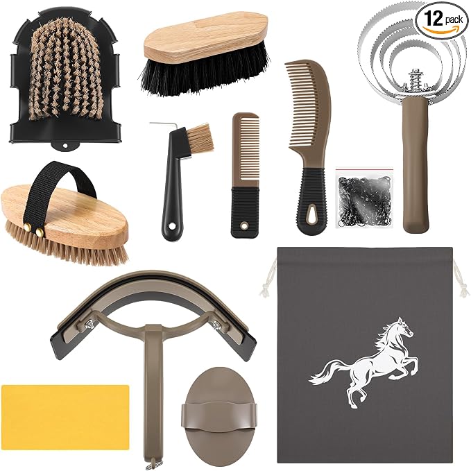 Abbylike 12 Pieces Horse Grooming Kit Racing Festival Tack Room Supplies Horse Brush Sets Equine Care Cleaning Kit Shedding Grooming Massaging Tools(Dark Gray)
