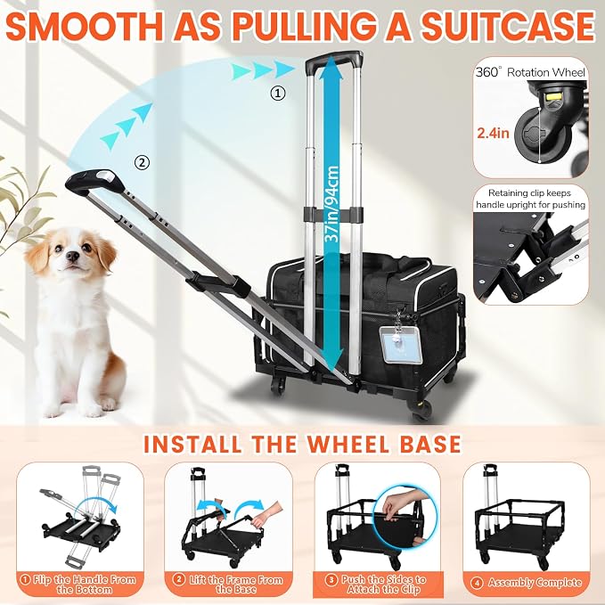 Small Pet Carrier 17"x12"x8.5" with Wheels Airline Approved, Black | for JetBlue/Frontier/Spirit Airlines, Lockable Safety Zippers and Anti-Scratch Mesh, Pets Under 8 lbs