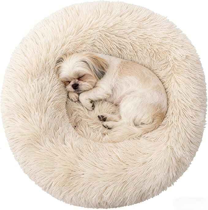 Calming Donut Dog Beds for Small Dogs Kitten - Washable Removable Cover Non-Slip Bottom, Round Pet Bed Puppy Bed Warming Fluffy Faux Fur Anti-Anxiety, Fits up to 15 lbs (Beige, 20")