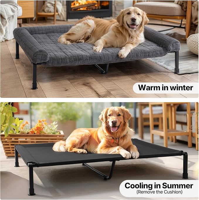 Veehoo Elevated Dog Bed with Fluffy Plush Bolster Cushion, Dog Couch Bed | Cooling Raised Dog Bed for Large Dogs, Washable Orthopedic Pet Cot with Removable Mat, Breathable Mesh, Non-Slip, 48", Grey