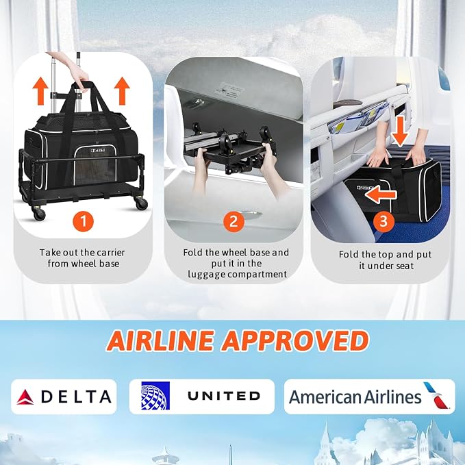 Top-Expandable Small Pet Carrier with Wheels Airline Approved | 18"x11"x11", for Delta/American/United Airlines, Lockable Safety Zippers and Anti-Scratch Mesh, Pets Under 10 Lbs, Black