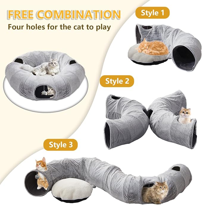 WINDRACING Cat Tunnel Bed for Indoor Cats - Cute Cat Donut Tunnel with Washable Circle Cushion, Round Pet Play Toy for Kitten/Puppy/Rabbit, Grey