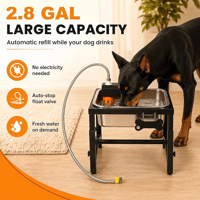 2.8 Gallon Elevated Large Dog Water Bowl, Automatic Dog Water Bowl Dispenser, 4 Adjustable Height Raised Dog Bowl Stand for Large Breed Relief Joint Pressure, Easy Clean for Indoor & Outdoor Uses