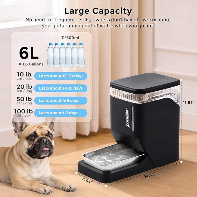 ZOMISIA Automatic Dog Water Dispenserr 6L with Stainless Steel Bowl, Automatic Water Bowl Dispenser for Cats, 1.6 Gallon Pet Waterer 100% BPA Free, White