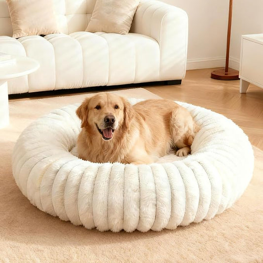 Calming Dog Bed Anti-Anxiety Donut Dog Beds for Small Medium Large Dogs,Washable Plush Fluffy Indoor Cat Kitten Round Cuddler Cushion (Cream, Large-36 inch)