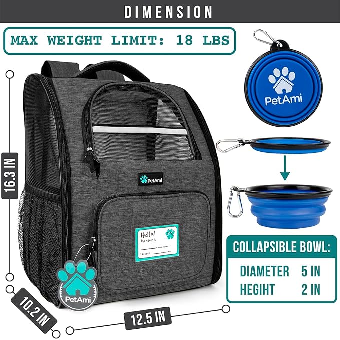 PetAmi Dog Backpack Carrier for Small Medium Dogs Large Cats up to 18 lbs, 2 Side Entry, Structured No-Collapse Frame, Airline Approved Ventilated Pet Backpack for Hiking Camping Travel, Charcoal